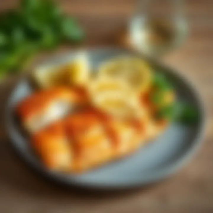 Healthy Air-Fried Fish Fillet Healthy air-fried fish fillet served on a plate with lemon slices.