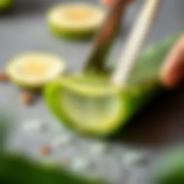 Aloe Vera leaf being sliced to reveal the gel inside