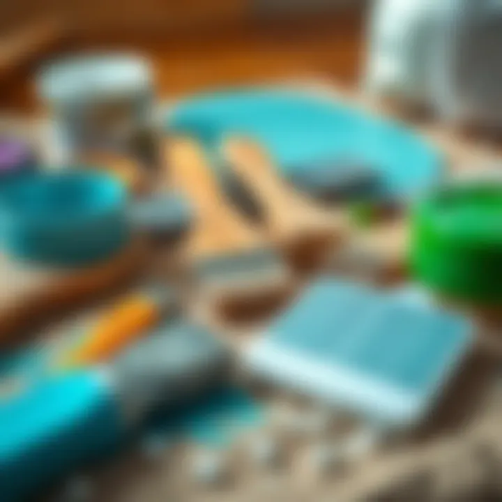 Tools and materials for ceiling painting organized on a surface