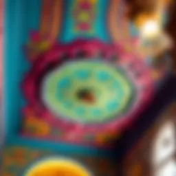 A vibrant ceiling painted with decorative patterns