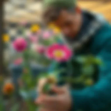Gardener tending to Atatürk flower demonstrating care techniques