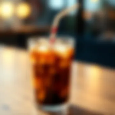 A refreshing glass of cold coffee with ice cubes and a straw.