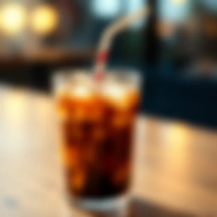 A refreshing glass of cold coffee with ice cubes and a straw.