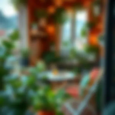 A cozy balcony garden setup with seating and greenery.