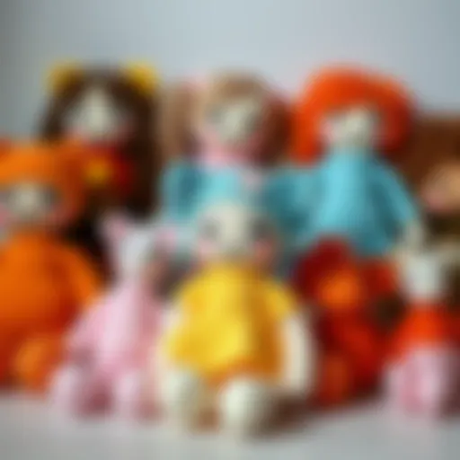A collection of beautifully designed crochet baby dolls showcasing various styles and colors.