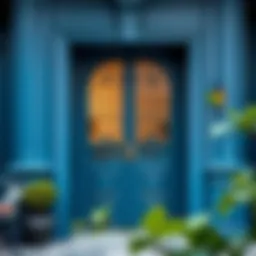 Elegant iron door painted in deep blue, enhancing exterior design.