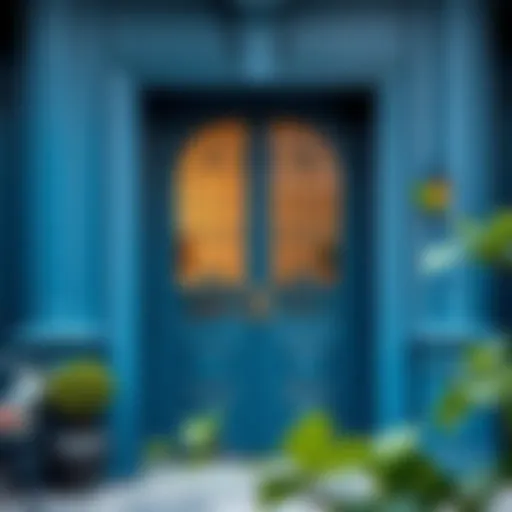 Elegant iron door painted in deep blue, enhancing exterior design.