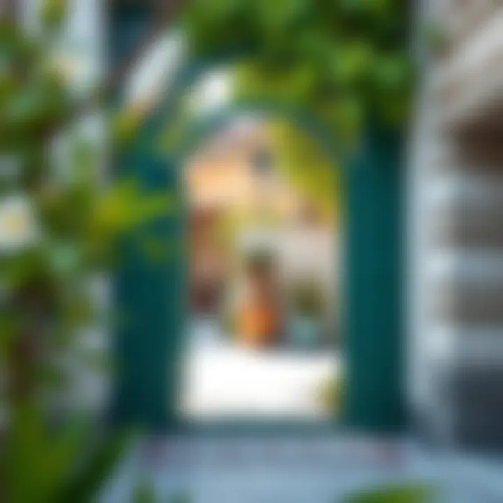 Subtle green iron door blending harmoniously with nature.