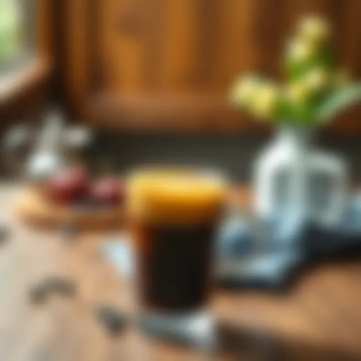 An elegantly presented cold coffee drink on a wooden table.