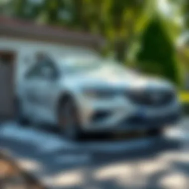 A sparkling clean car parked in a driveway after washing