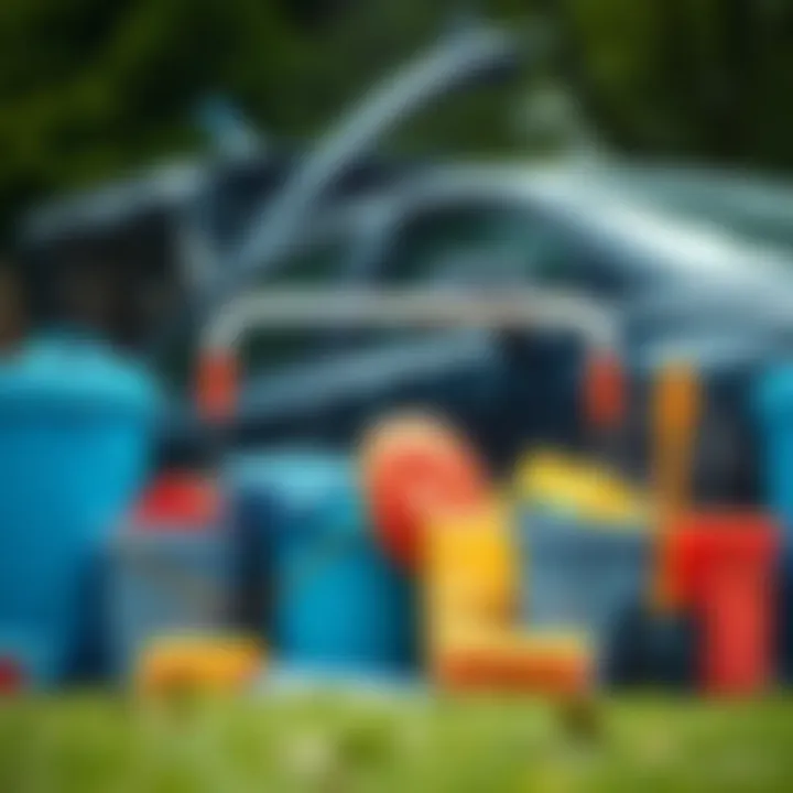 An organized outdoor setup for washing a car, including buckets and sponges