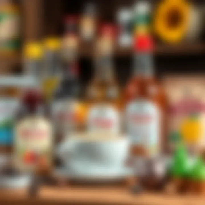 An assortment of flavored syrups and sweeteners for coffee.