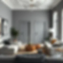 Contemporary living room with grey walls and a bold door color