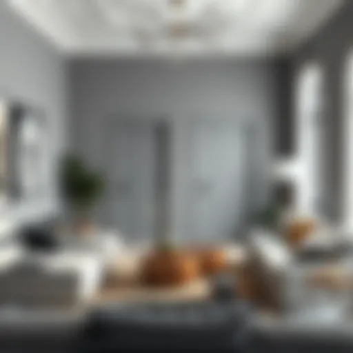 Contemporary living room with grey walls and a bold door color