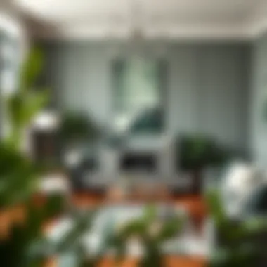 Combination of grey-green with complementary colors in a living room