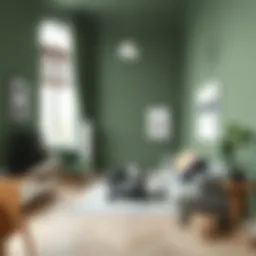 Stylish interior featuring grey-green wall paint with modern furniture