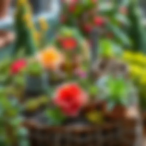 A beautifully arranged hobby garden with diverse plants and decorative elements.