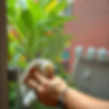 Detailed view of a person wiping an insect screen with a cloth
