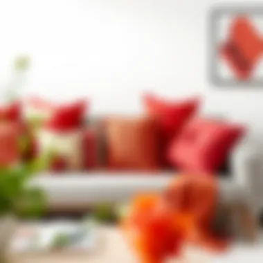 A collection of red cushions on a modern sofa