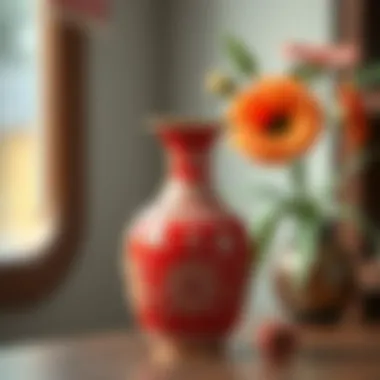 A stylish red vase adorned with intricate patterns