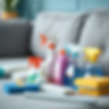 Various cleaning supplies arranged neatly for sofa cleaning