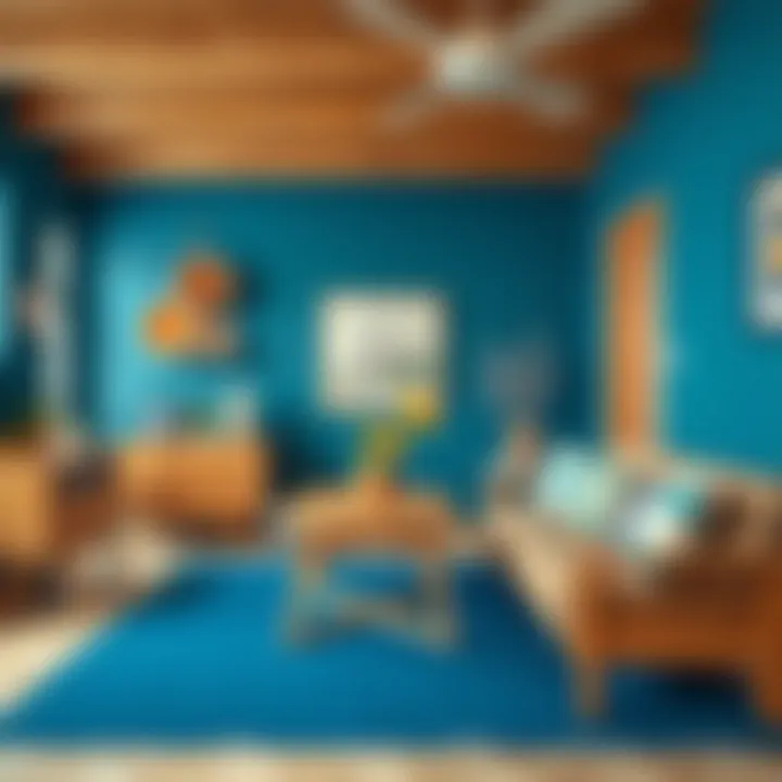 Rich blue wall paired with warm wooden furniture