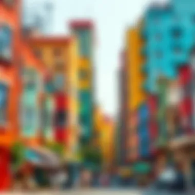 A vibrant urban setting with multi-colored buildings
