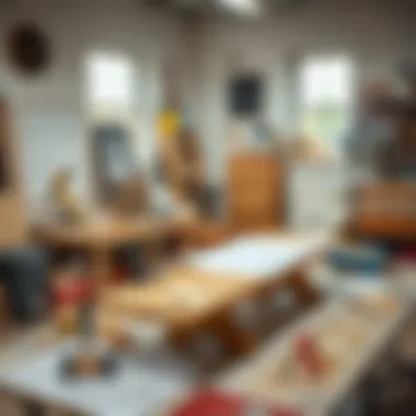 A workspace with blueprints and materials for custom table design