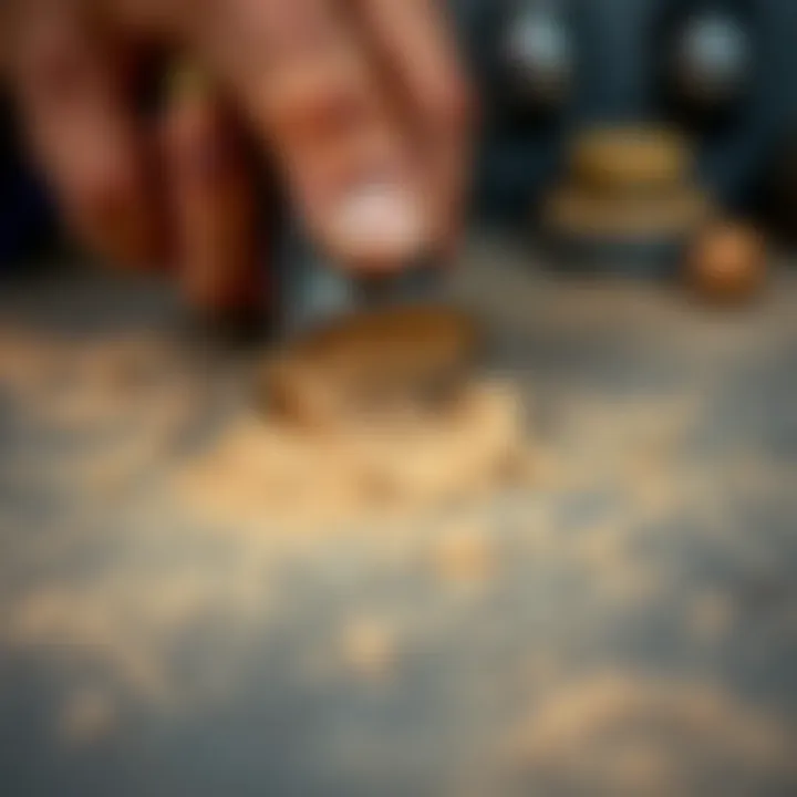 Using sandpaper to strip paint from a metallic object