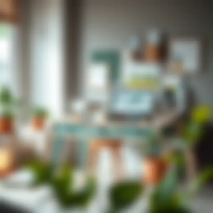 A creative workspace featuring a uniquely designed desk with artistic paintwork.