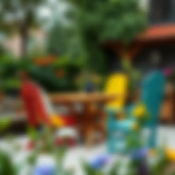 An outdoor setting with colorful garden furniture revitalized through painting.