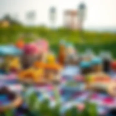 Vibrant Picnic Setup A vibrant picnic setup with checkered blanket and various snacks