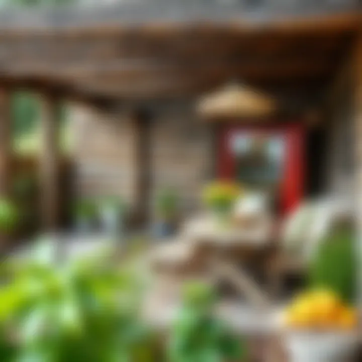 Beautiful outdoor space of a rustic home with wooden patio and garden