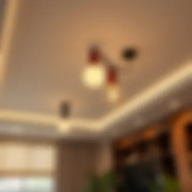 Modern ceiling with unique lighting fixtures and wood elements