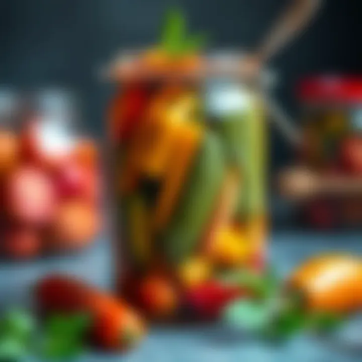 An aesthetically pleasing jar of colorful pickled vegetables