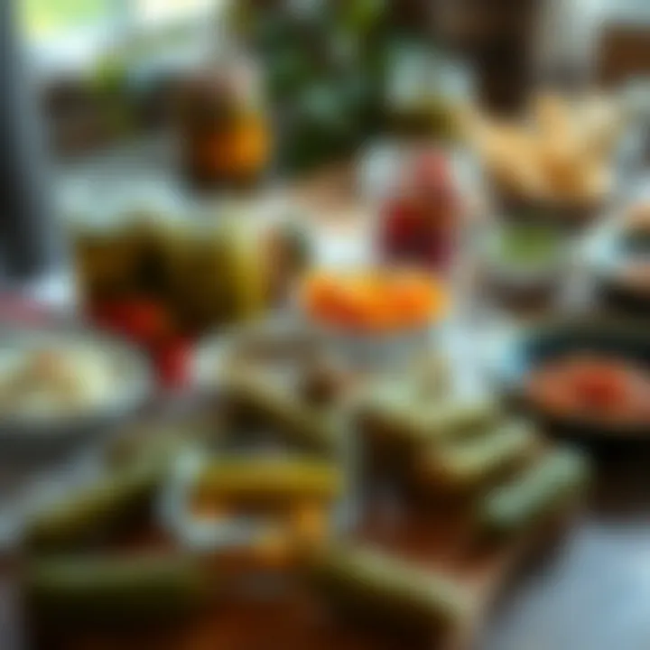 A table set with various homemade pickles and garnishes